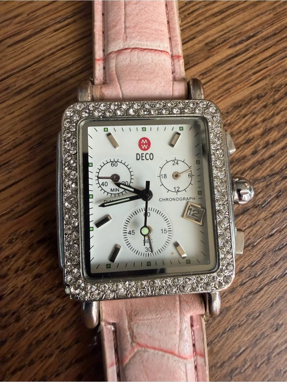 Stunning Crystal Art Deco Chronograph Watch with Pink Alligator Leather Strap